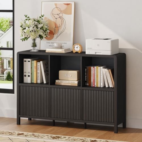 FATORRI Bookcase Set, 3-Tier Wood Bookshelf with Fluted Drawer and 6-Cube Storage Organizer with 3 Doors, Wooden Bookcases for Living Room, Home Office, Bedroom, Black - Image 3