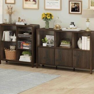 FATORRI 6 Cube Bookshelf with 3 Doors and 5 Cube Bookcase for Living Room (Dark Walnut)