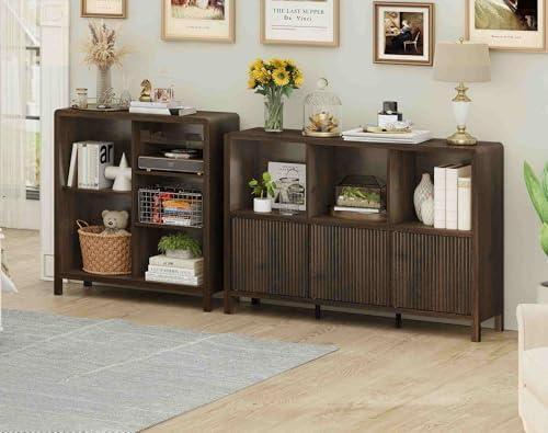 FATORRI 6 Cube Bookshelf with 3 Doors and 5 Cube Bookcase for Living Room (Dark Walnut)