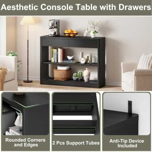 FATORRI Fluted Coffee Table with Storage Shelf & Console Table with 2 Drawers, Modern Farmhouse Wood Coffee Table and Sofa Table for Entryway, Hallway, Living Room (Black) - Image 5