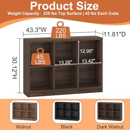 FATORRI 6-Cube Storage Organizer and 3-Tier Bookshelf Set of 2, Open Shelf Bookcase and Cube Bookcase with Rounded Corners for Living Room Bedroom Office, Dark Walnut - Image 2