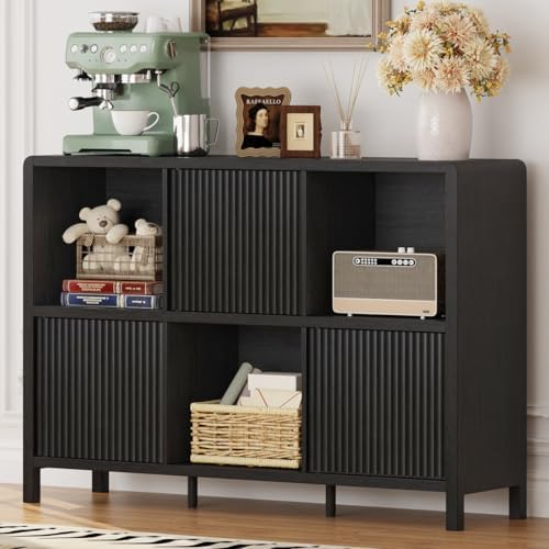 FATORRI Bookcase Set, 3-Tier Wood Bookshelf with Fluted Drawer and 6-Cube Storage Organizer with 3 Doors, Wooden Bookcases for Living Room, Home Office, Bedroom, Black - Image 4