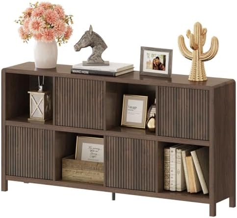 FATORRI 8 Cube Storage Organizer Bookshelf with Storage, Horizontal Bookcase with 4 Doors, Long Wooden Book Shelf for Living Room, Home Office (Dark Walnut) - Image 2