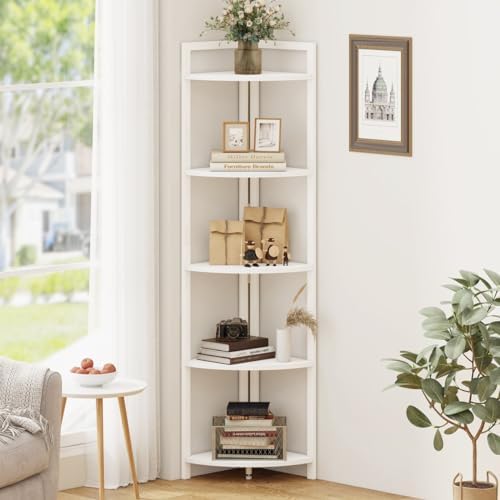 FATORRI Tall Corner Shelf, 5 Tier Modern Corner Bookshelf Stand, Wood and Metal Corner Plant Bookcase for Living Room, Home Office (White Oak) - Image 2