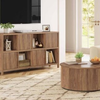 FATORRI Round Coffee Table with Storage and Farmhouse 8 Cube Bookshelf with 4 Doors for Living Room (Walnut)