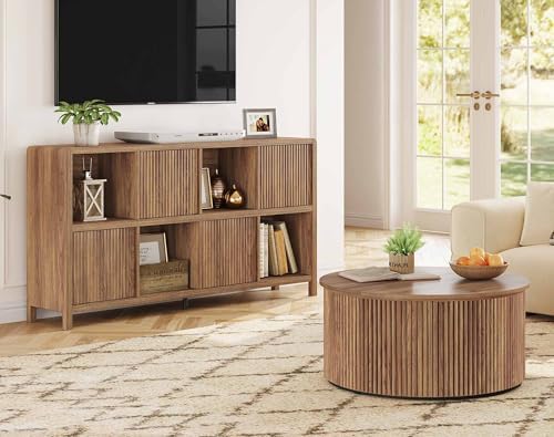 FATORRI Round Coffee Table with Storage and Farmhouse 8 Cube Bookshelf with 4 Doors for Living Room (Walnut)