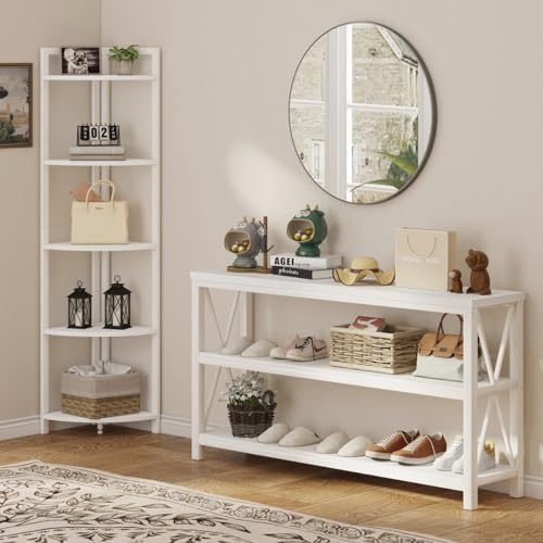 FATORRI Tall Corner Shelf, 5 Tier Modern Corner Bookshelf Stand, Wood and Metal Corner Plant Bookcase for Living Room, Home Office (White Oak) - Image 4