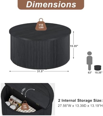 FATORRI Fluted Living Room Furniture Set, 3-Tier Bookshelf with Drawer & 31.5" Round Coffee Table with Hidden Storage, Black - Image 4