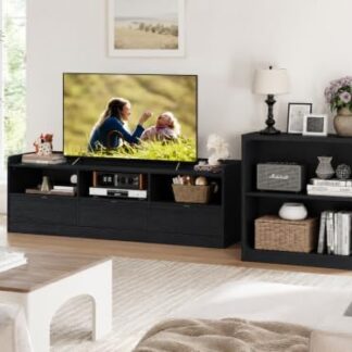 FATORRI Fluted TV Stand and 3-Tier Bookshelf Set of 2, Media Console with Storage & 3-Shelf Open Bookcase for Living Room, Black