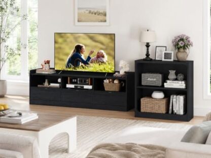 FATORRI Fluted TV Stand and 3-Tier Bookshelf Set of 2, Media Console with Storage & 3-Shelf Open Bookcase for Living Room, Black