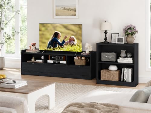 FATORRI Fluted TV Stand and 3-Tier Bookshelf Set of 2, Media Console with Storage & 3-Shelf Open Bookcase for Living Room, Black