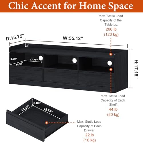 FATORRI TV Stand for 55/60/65 Inch TVs for Living Room, Modern Black - Image 3