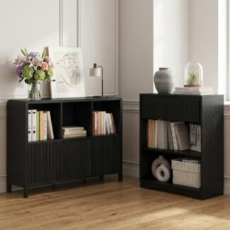 FATORRI Bookcase Set, 3-Tier Wood Bookshelf with Fluted Drawer and 6-Cube Storage Organizer with 3 Doors, Wooden Bookcases for Living Room, Home Office, Bedroom, Black