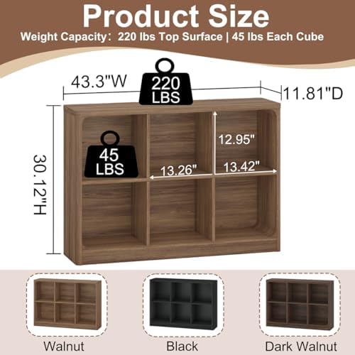 FATORRI 6-Cube Storage Organizer and 3-Tier Bookshelf Set of 2, Open Shelf Bookcase and Cube Bookcase with Rounded Corners for Living Room Bedroom Office, Walnut - Image 3