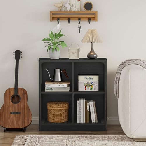 FATORRI Fluted Coffee Table with Storage Shelf & 4-Cube Bookcase, Modern Farmhouse Wood Coffee Table and Storage Organizer for Living Room, Home Office (Black) - Image 6