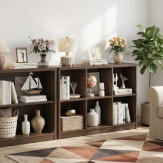 FATORRI 6-Cube Storage Organizer and 3-Tier Bookshelf Set of 2, Open Shelf Bookcase and Cube Bookcase with Rounded Corners for Living Room Bedroom Office, Dark Walnut