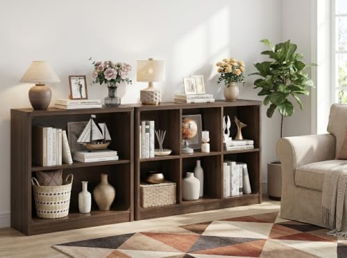 FATORRI 6-Cube Storage Organizer and 3-Tier Bookshelf Set of 2, Open Shelf Bookcase and Cube Bookcase with Rounded Corners for Living Room Bedroom Office, Dark Walnut