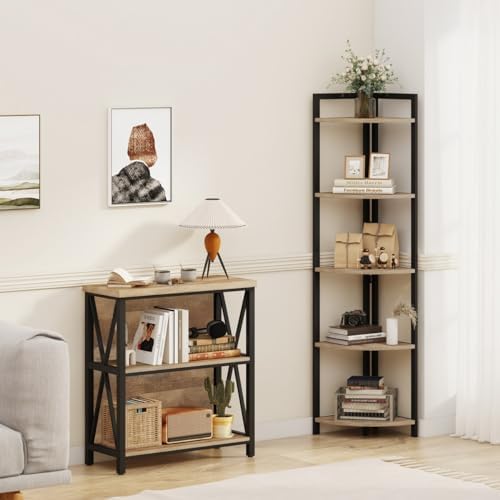 FATORRI Low Bookshelf and Corner Shelf for Home Office (Rustic Oak) - Image 2