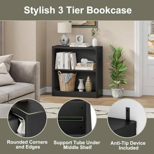FATORNI Fluted Coffee Table and 3-Tier Bookshelf Set of 2, Round Coffee Table & Open Bookcase with Rounded Corners for Living Room, Black - Image 6