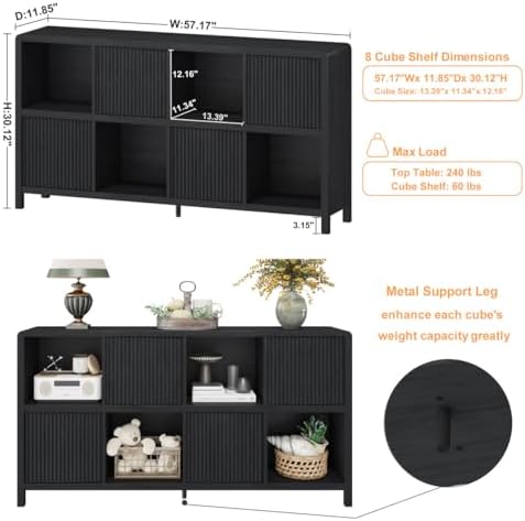 FATORRI Bookcase Set, 3-Tier Small Bookshelf with Fluted Drawer and 8-Cube Storage Organizer with 4 Doors, Wood Display Shelves for Living Room, Home Office, Bedroom, Black - Image 3