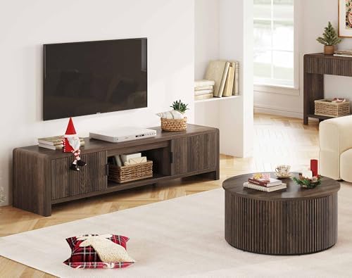 FATORRI TV Stand with Storage and Round Coffee Table for Living Room Bedroom (Dark Walnut) - Image 2