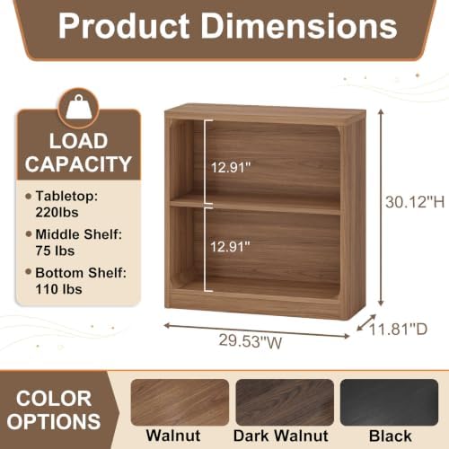 FATORRI Wooden Bookshelf, 2-Tier Compact Open Bookcase with Rounded Corners, Small Floor Standing Display Book Shelf for Living Room, Bedroom, Home Office, Kids' Room (Walnut) - Image 3