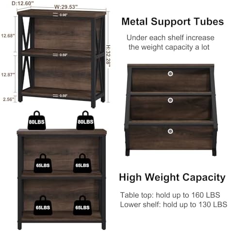 FATORRI Small Bookshelf, Rustic Book Shelf for Small Space, Low Short Bookcase, Industrial Wood and Metal Bookshelf and Bookcase for Living Room (Rustic Brown) - Image 3