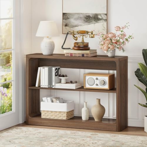 FATORRI Living Room Table Set of 2, Oval Fluted Coffee Table with Storage Shelf & 3-Tier Console Table Behind Couch, Wood Sofa Table and Coffee Table Bundle for Living Room Entryway, Dark Walnut - Image 3