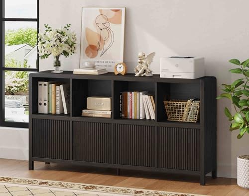 FATORRI Bookcase Set, 3-Tier Small Bookshelf with Fluted Drawer and 8-Cube Storage Organizer with 4 Doors, Wood Display Shelves for Living Room, Home Office, Bedroom, Black - Image 4