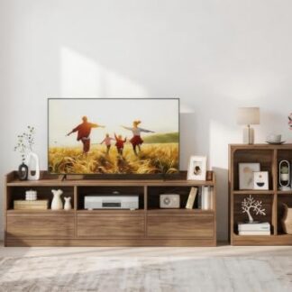 FATORRI Wood TV Stand with Drawers and 4 Cube Bookcase Set of 2, Bookshelf & Entertainment Center with Storage for Living Room, Bedroom, Walnut