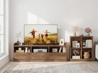 FATORRI Wood TV Stand with Drawers and 4 Cube Bookcase Set of 2, Bookshelf & Entertainment Center with Storage for Living Room, Bedroom, Walnut