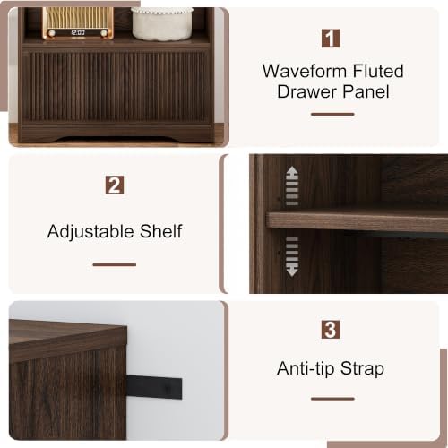 FATORRI Small Bookshelf with Fluted Drawer, 3-Tier Narrow Bookcase for Living Room, Home Office, Short Book Shelf for Small Spaces (Dark Walnut) - Image 5