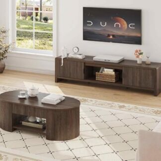 FATORRI TV Stand with Storage and Oval Coffee Table with Drawer for Living Room Bedroom (Dark Walnut)