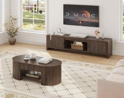 FATORRI TV Stand with Storage and Oval Coffee Table with Drawer for Living Room Bedroom (Dark Walnut)