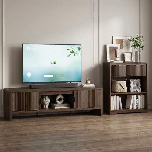 FATORRI TV Stand and Bookshelf Set, 63" Wood Media Console with Fluted Doors and 3-Tier Bookcase with Drawer, Dark Walnut