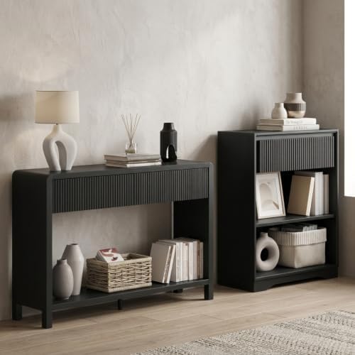 FATORRI Bookcase and Console Table Set, 3-Tier Wood Bookshelf with Fluted Drawer and 47.2" Sofa Table with 2 Drawers, Entryway Table with Storage, Black