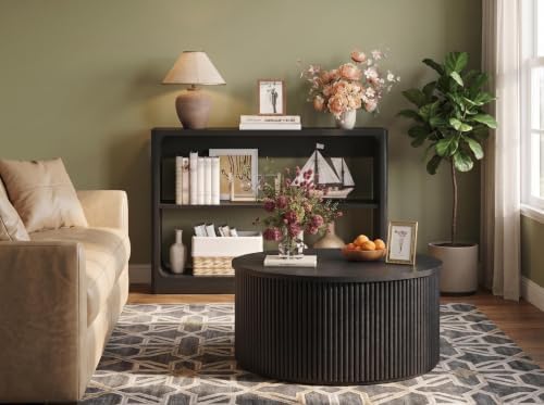 FATORRI Living Room Table Set of 2, Round Fluted Coffee Table & 3-Tier Console Table with Storage Shelves, Modern Farmhouse Wood Coffee Table and Sofa Table Bundle for Living Room, Black - Image 2