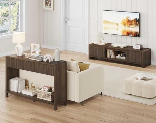 FATORRI TV Stand with Storage and Console Table with Drawers for Living Room Bedroom (Dark Walnut) - Image 2