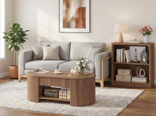 FATORRI Oval Fluted Coffee Table and 3-Tier Bookshelf Set of 2, Coffee Table with Open Bottom Shelf & Bookcase with Rounded Corners for Living Room, Walnut - Image 2