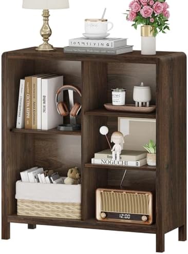 FATORRI 5 Cube Bookshelf, Wood Bookcase with 3 Adjustable Shelves, Farmhouse Cube Storage Organizer Shelf for Small Space Bedroom Living Room (Dark Walnut) - Image 2