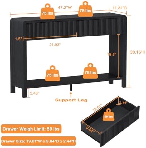FATORRI Bookcase and Console Table Set, 3-Tier Wood Bookshelf with Fluted Drawer and 47.2" Sofa Table with 2 Drawers, Entryway Table with Storage, Black - Image 2