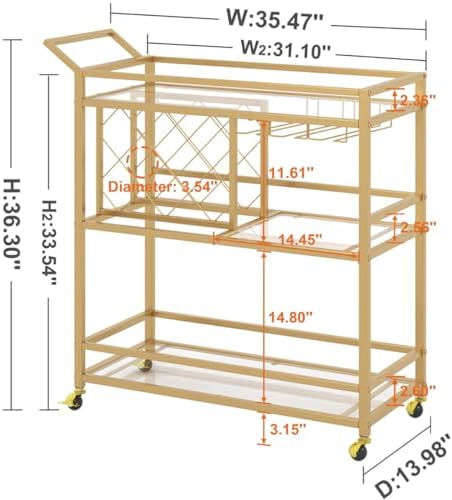 FATORRI Bar Cart Gold, Home Bar Serving Cart with Wine Rack and Glasses Holder, Wine Carts on Wheels with 3 Tier Mirrored Shelves for Liquor and Beverage (Gold) - Image 7