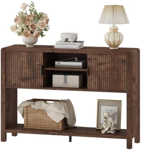 FATORRI Industrial Console Entryway Table with Storage, 43.31 inch Farmhouse Sofa Table Coffee Bar with Fluted Doors and Shelves for Living Room, Dining, Hallway, Kitchen, Rustic Brown - Image 7