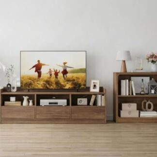 FATORRI Fluted TV Stand and 3-Tier Bookshelf Set of 2, Media Console with Storage & 3-Shelf Open Bookcase for Living Room, Walnut