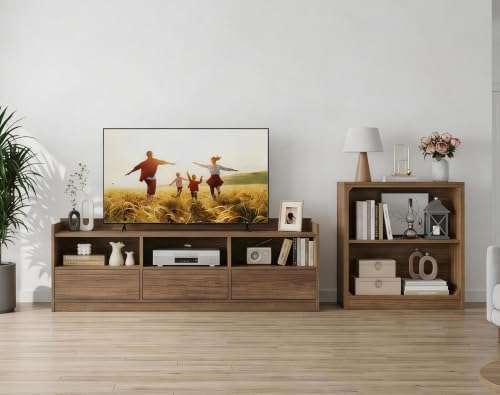 FATORRI Fluted TV Stand and 3-Tier Bookshelf Set of 2, Media Console with Storage & 3-Shelf Open Bookcase for Living Room, Walnut
