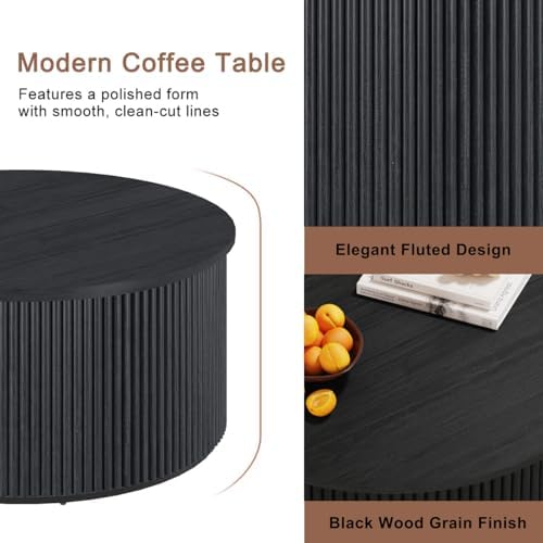 FATORNI Fluted Coffee Table and 3-Tier Bookshelf Set of 2, Round Coffee Table & Open Bookcase with Rounded Corners for Living Room, Black - Image 5