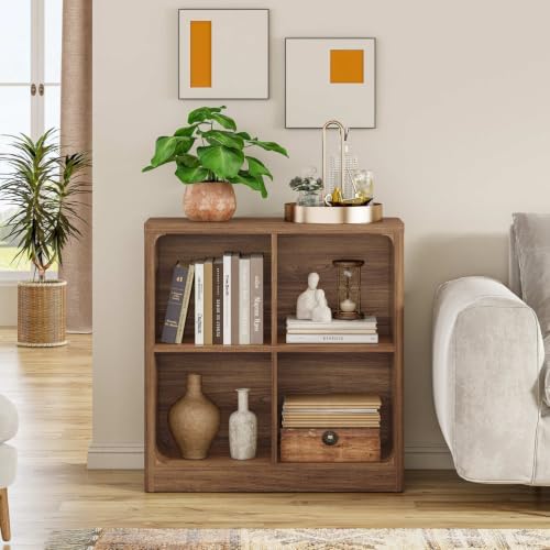 FATORRI Fluted Coffee Table with Storage Shelf & 4-Cube Bookcase, Modern Farmhouse Wood Coffee Table and Storage Organizer for Living Room, Home Office (Walnut) - Image 5