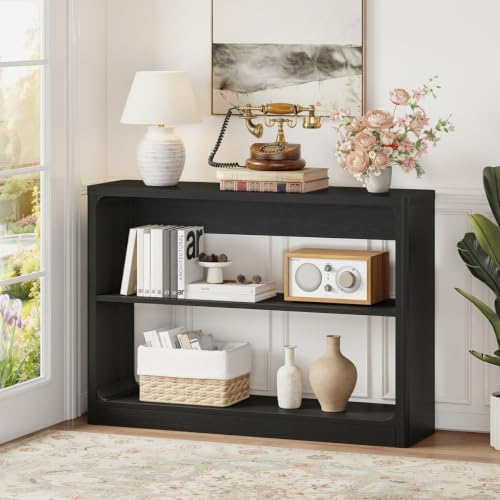 FATORRI Living Room Table Set of 2, Round Fluted Coffee Table & 3-Tier Console Table with Storage Shelves, Modern Farmhouse Wood Coffee Table and Sofa Table Bundle for Living Room, Black - Image 5