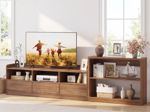 FATORRI Wood Console Table and TV Stand with Drawers Set of 2, Sofa Table with Open Shelves & Entertainment Center with Rounded Corners for Living Room, Walnut - Image 2