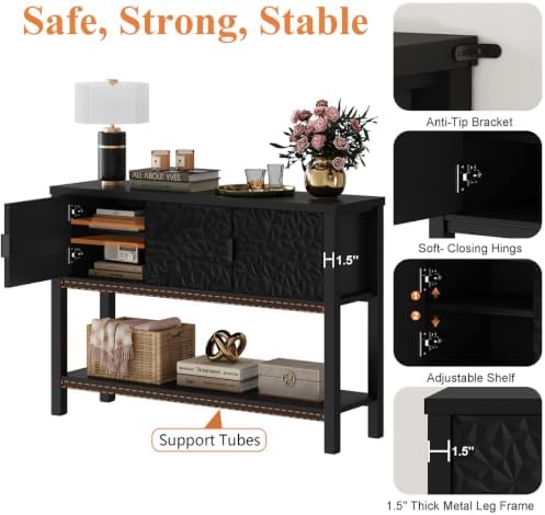FATORRI Console Table with 3 Doors, 47 Inch Entryway Sofa Table with Storage and Shelf, Modern Foyer Table, Accent Dining Buffet Sideboard Coffee Bar for Hallway, Living Room,Black - Image 6